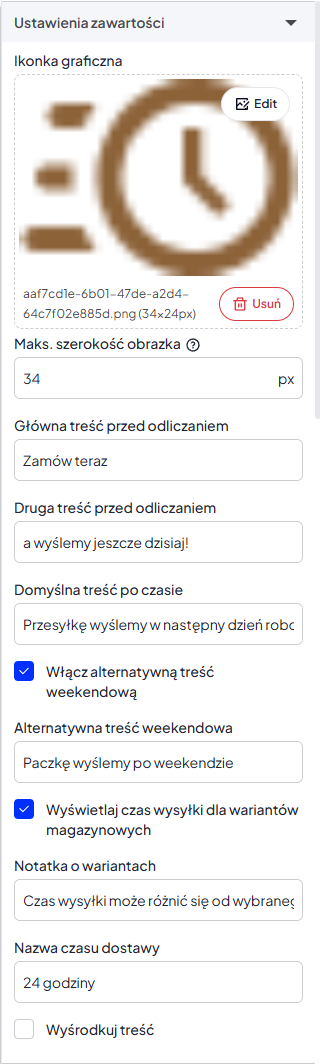 Sekcja ustawień zawartości modułu