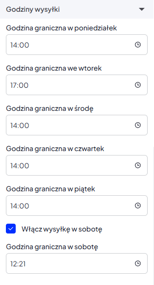Sekcja godzin wysyłki